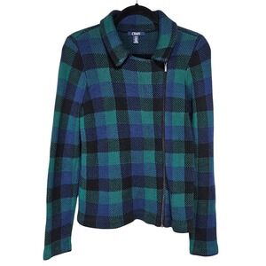 Chaps Blue Green Plaid Moto Zip Cotton Knit Cardigan Sweater Med Preppy Academia